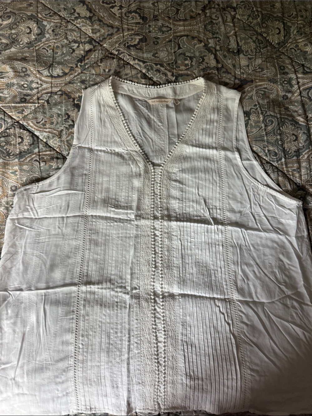 Soft Surroundings Cream Blouse with Paisley Trim